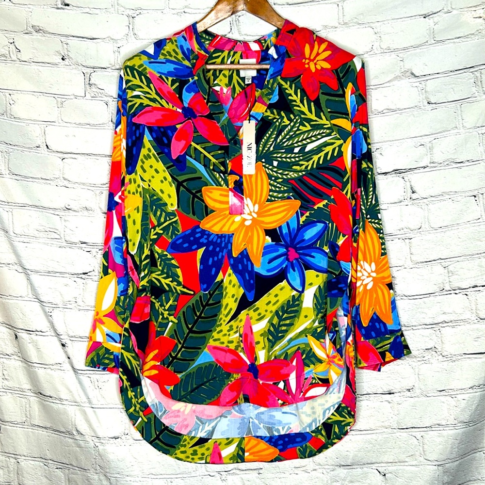 Nic+Zoe Pink Green Tropical Print Long Sleeve Tunic Top Size Small
